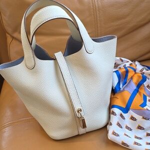 Cream Pebbled Leather Mini Tote with Top Handles